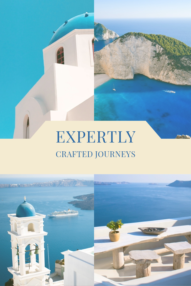  A collage of breathtaking Greek landscapes, featuring blue-domed churches, crystal-clear waters, and coastal cliffs, highlighting expertly crafted travel experiences in Greece.